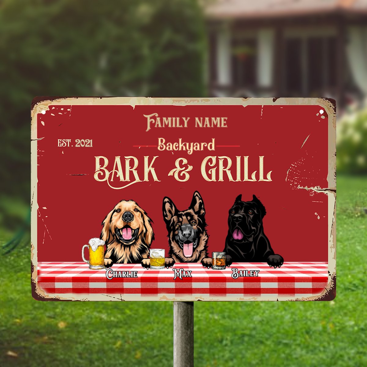 Backyard Bark & Grill Dog Funny Personalized Metal Sign - Makezbright Gifts