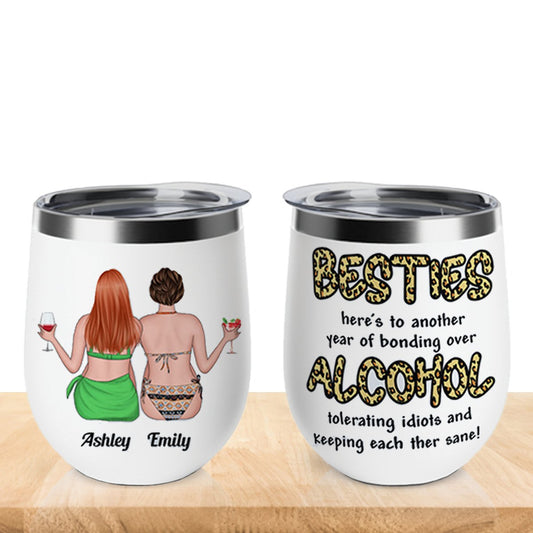 Besties Leopard, Alcohol Tolerating, Bonding Over, Keeping Each Other Sane - Personalized Wine Tumbler - Gift For Besties, Soul Sisters, Sistas, BFF, Friends - Makezbright Gifts