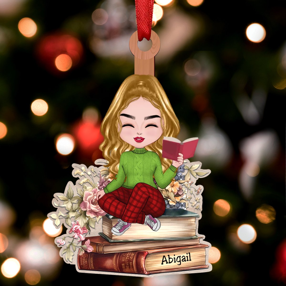 Book Lovers - Reading Girls Sitting On Books - Personalized Acrylic Ornament - Makezbright Gifts