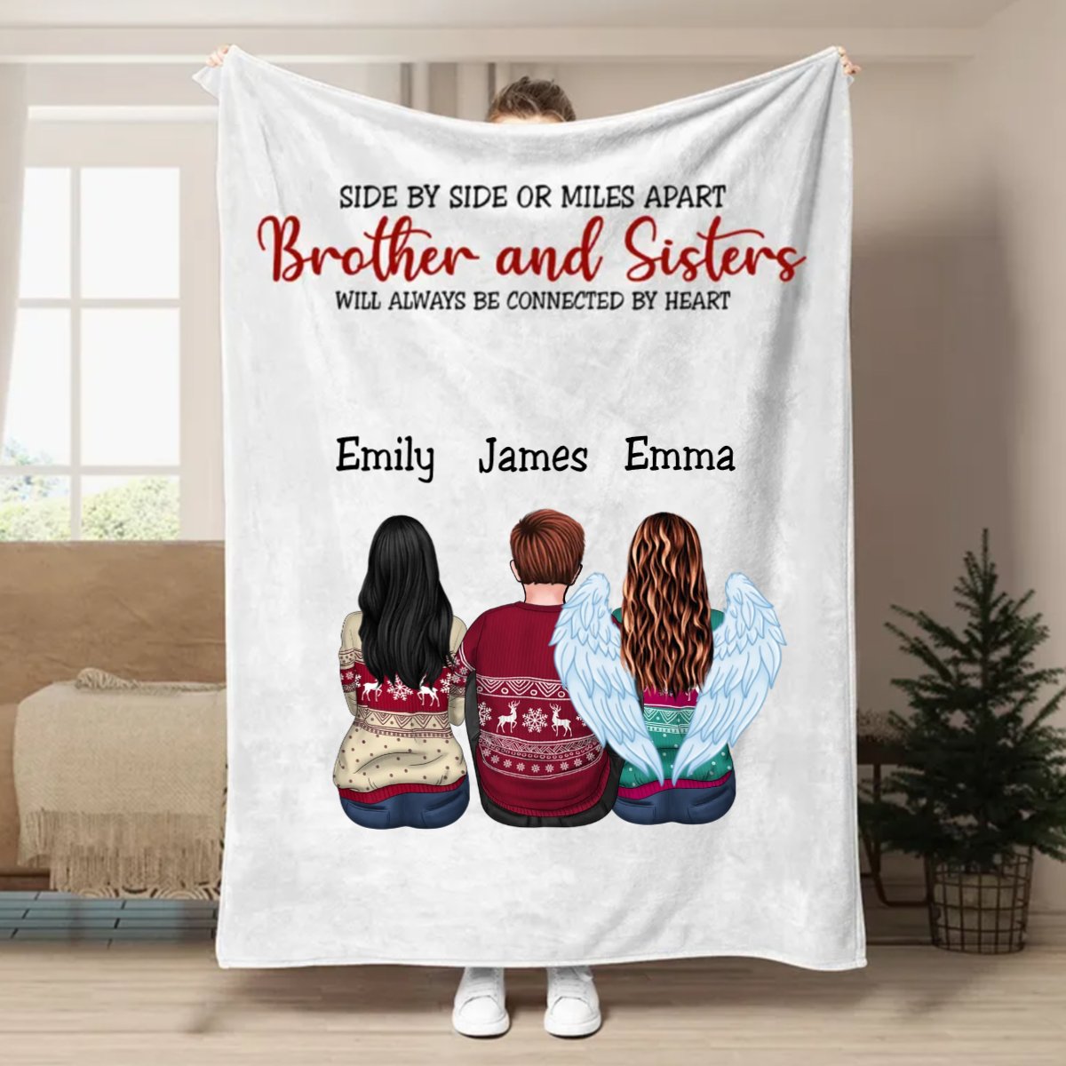 Brothers & Sisters - Side By Side Or Miles Apart Brothes & Sisters Will Always Be Connected By Heart - Personalized Blanket - Makezbright Gifts