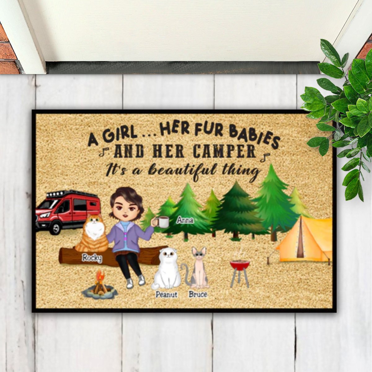 Campers - A Girl... Her Fur Babies And Her Camper - Personalized Doormat - Makezbright Gifts