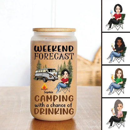 Camping Lovers - Weekend Forecast Camping With A Chance Of Drinking - Personalized Glass Can - Makezbright Gifts