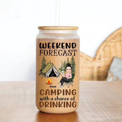 Camping Lovers - Weekend Forecast Camping With A Chance Of Drinking - Personalized Glass Can - Makezbright Gifts