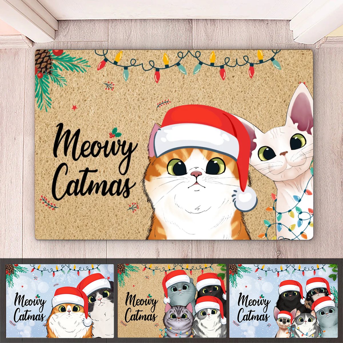 Cat Lover - Meowy Catmas Cute Peeking Fluffy Cat Christmas - Personalized Doormat - Makezbright Gifts