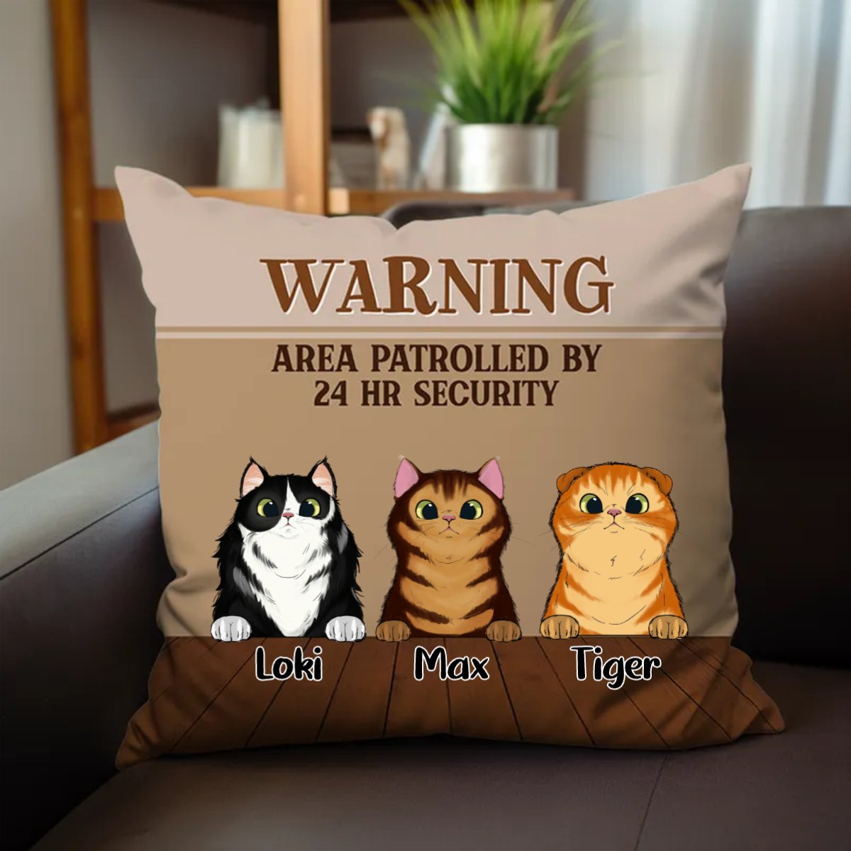 Cat Lover - Warning Area Patrolled 24 Hour Security - Personalized Pillow - Makezbright Gifts