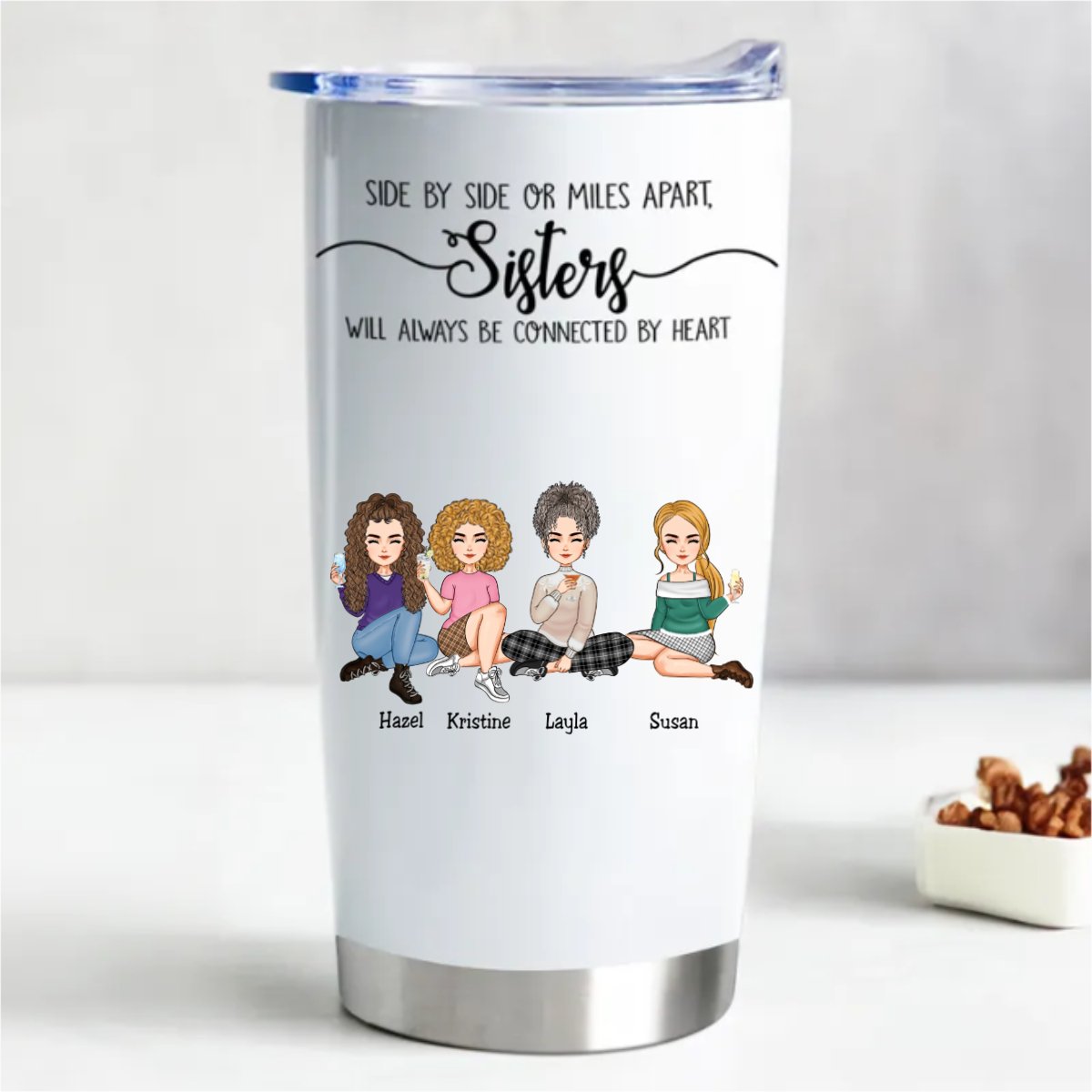 Connected Hearts 20oz Personalized Sister Tumbler - Hot and Cold Insulated Bottle - Makezbright Gifts