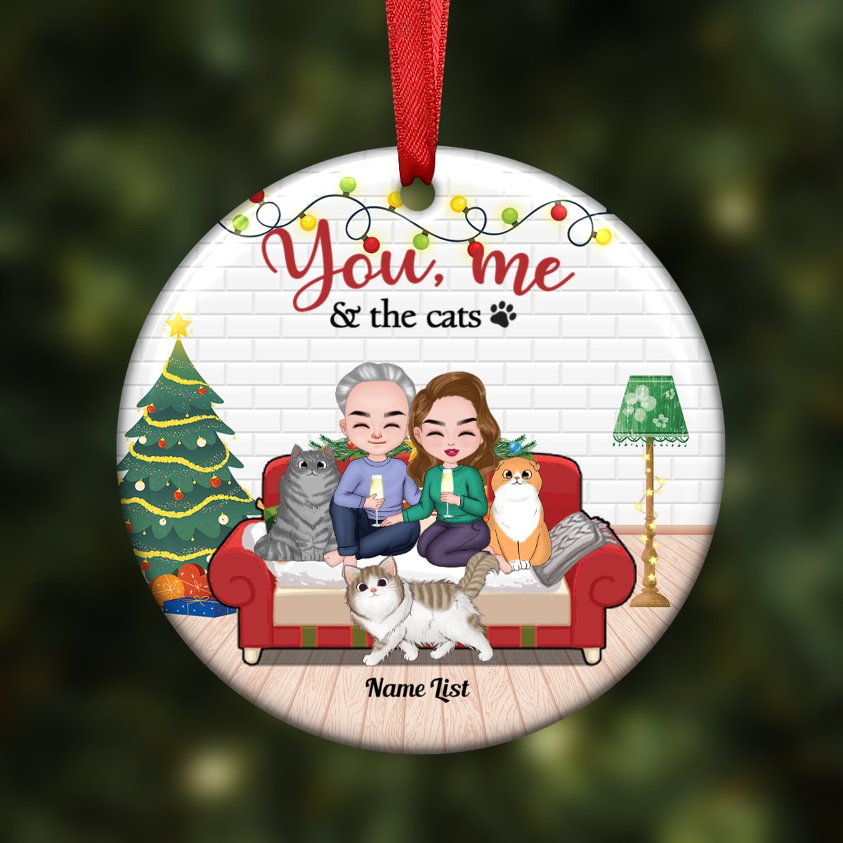 Couple & Cat - You Me & The Cats On Sofa Christmas - Personalized Circle Ornament - Makezbright Gifts