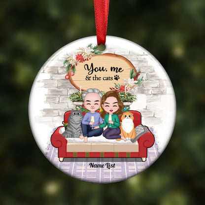 Couple & Cat - You Me & The Cats On Sofa Christmas - Personalized Circle Ornament - Makezbright Gifts