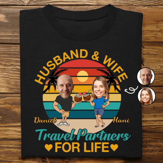 Couple - Custom Photo Husband And Wife Travel Partners For Life Retro - Personalized Unisex T - shirt, Hoodie, Sweatshirt - Makezbright Gifts