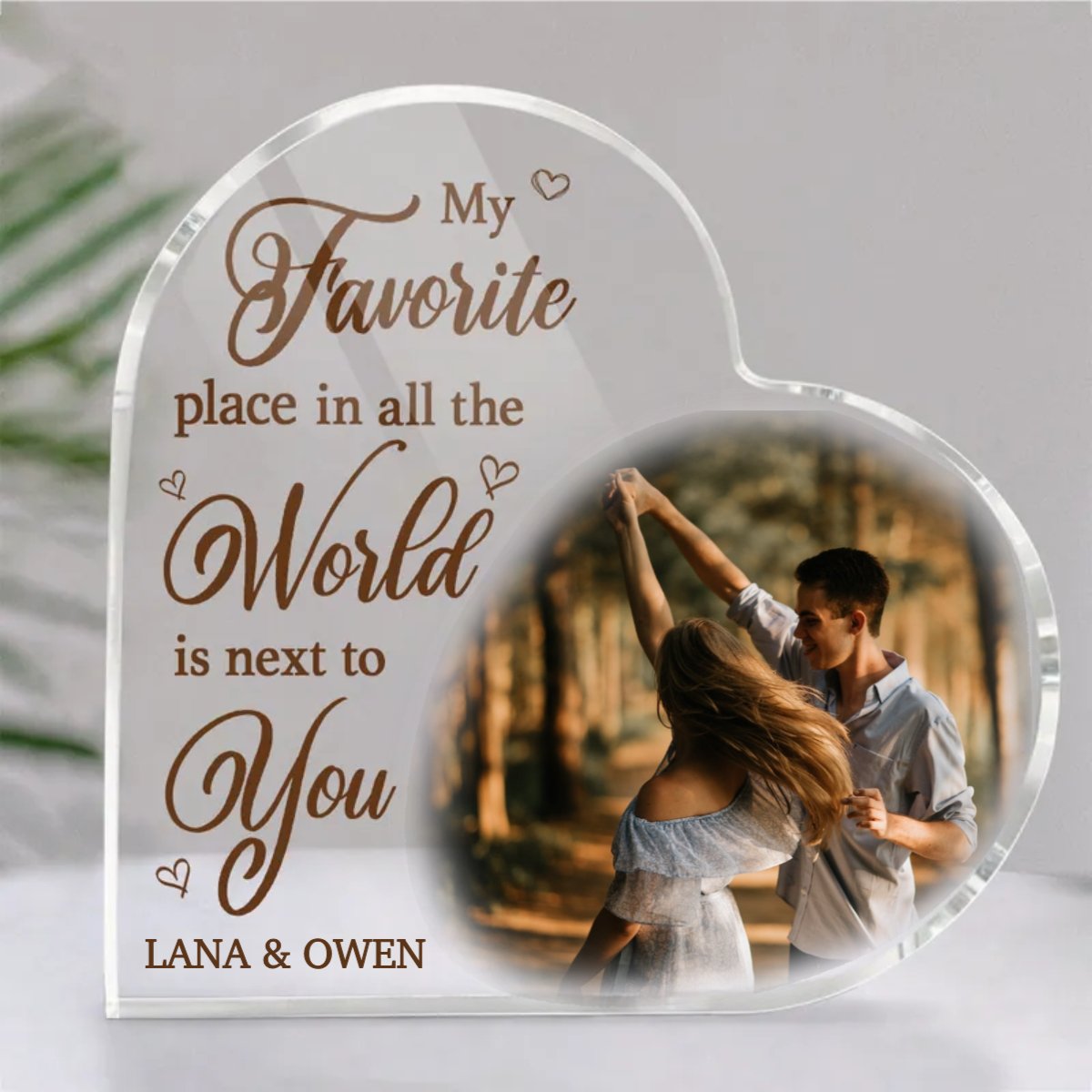 Couple - Custom Photo My Favorite Place In All The World Is Next To You - Personalized Heart Acrylic Plaque (II) - Makezbright Gifts