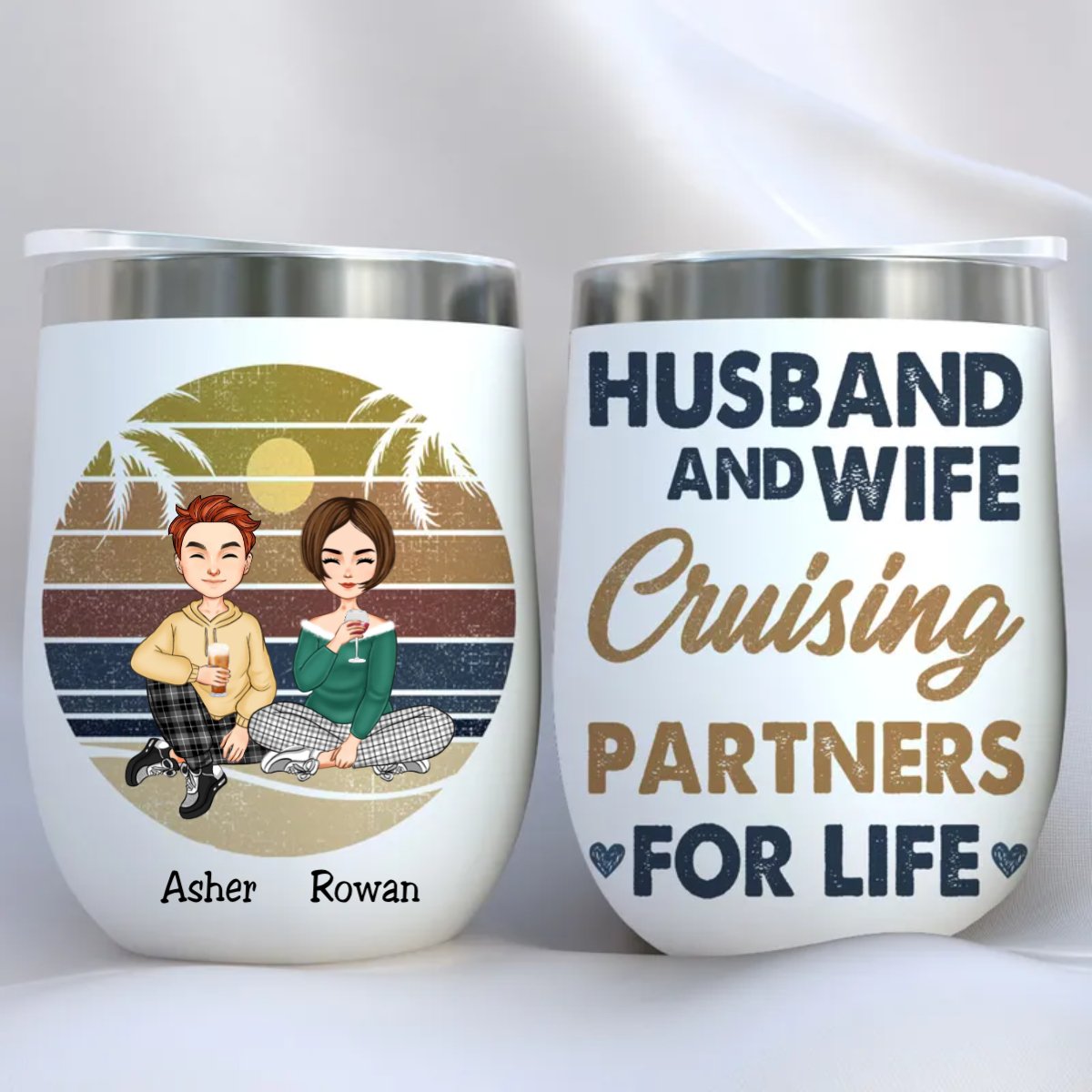 Couple - Husband And Wife Cruising Partners For Life - Personalized Wine Tumbler (HN) - Makezbright Gifts