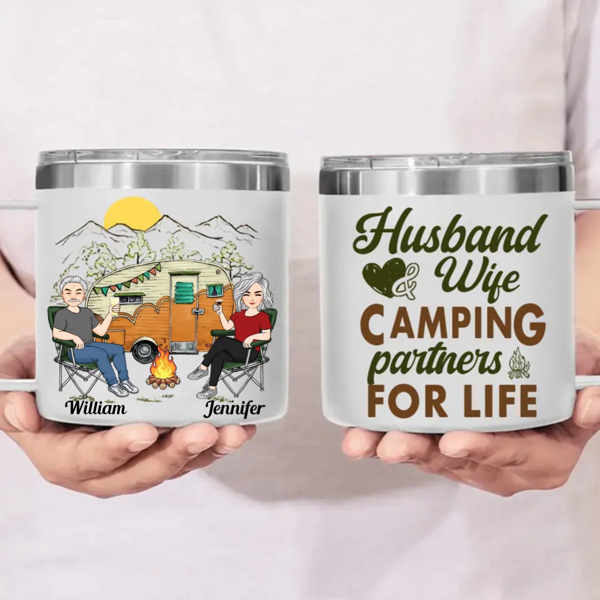 Couple - Husband & Wife, Camping Partners For Life - Personalized Stainless Steel Tumbler With Handle (TB) - Makezbright Gifts