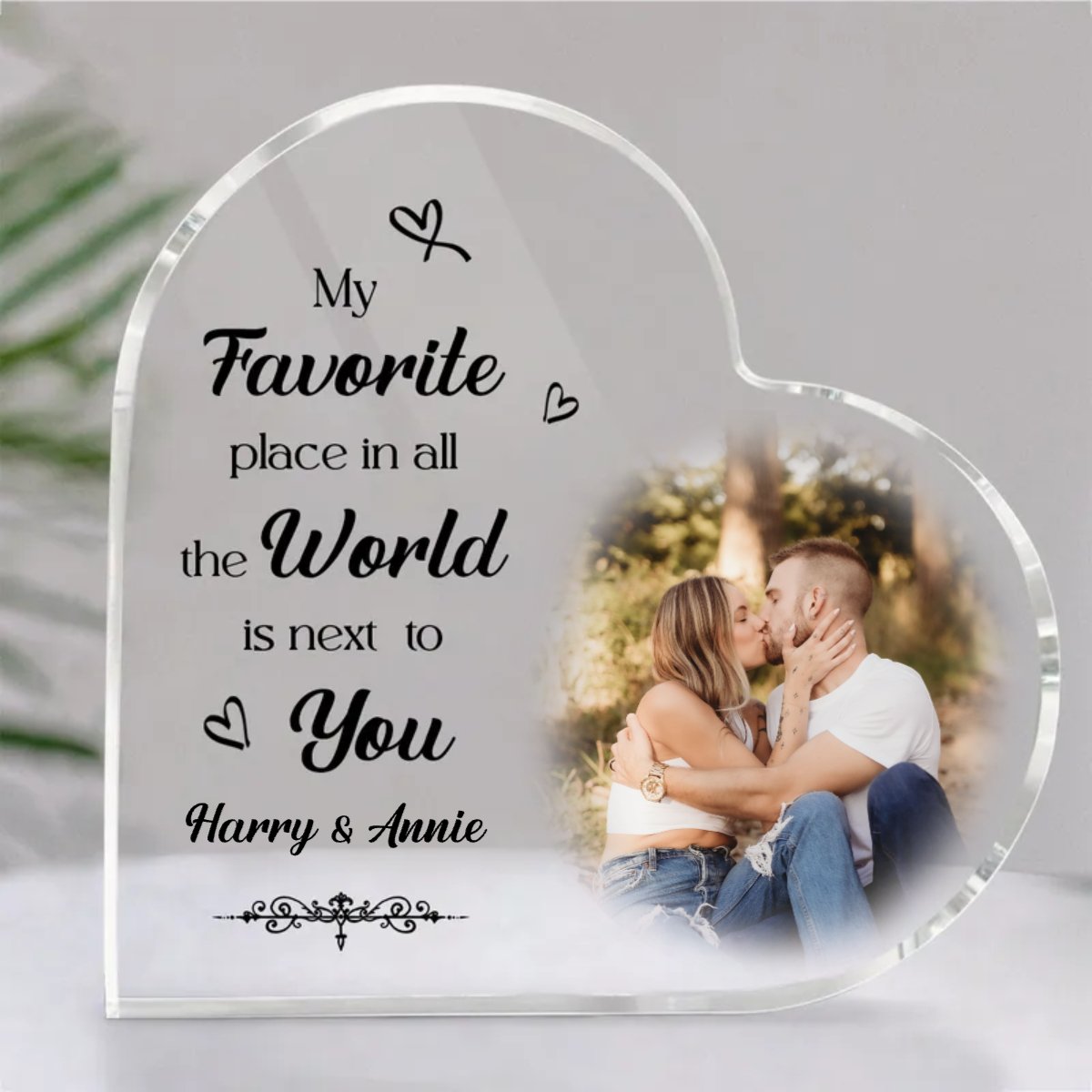 Couple - My Favorite Place In All The World Is Next To You - Personalized Heart Acrylic Plaque - Makezbright Gifts