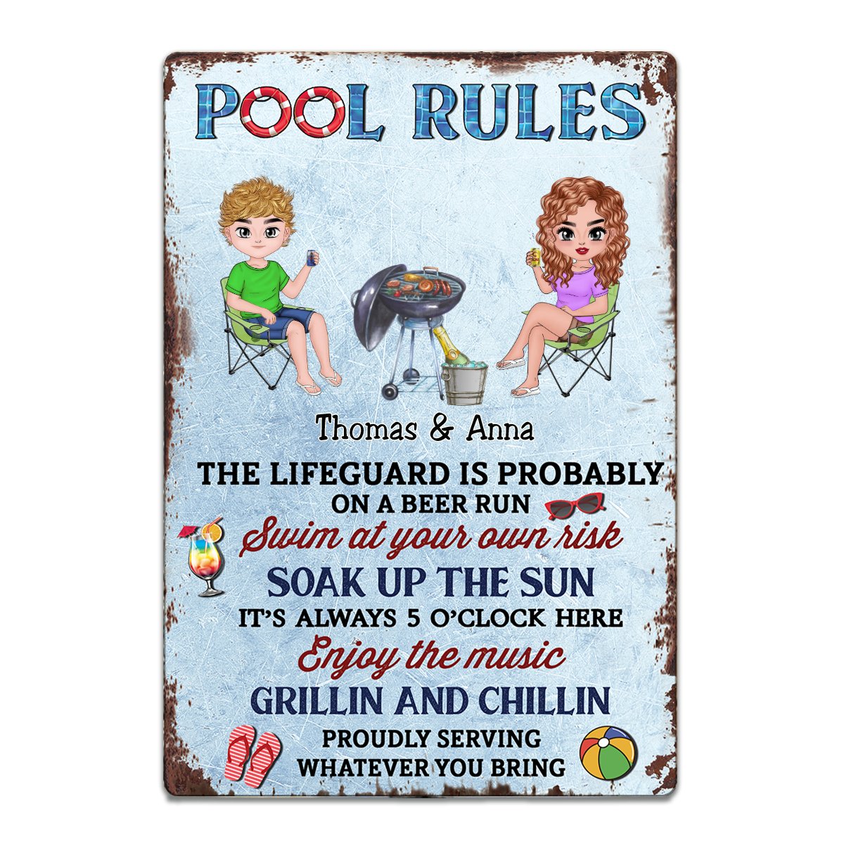 Couple - Pool Rules The LifeGuard Is Probably On A Beer Run - Personalized Metal Sign - Makezbright Gifts