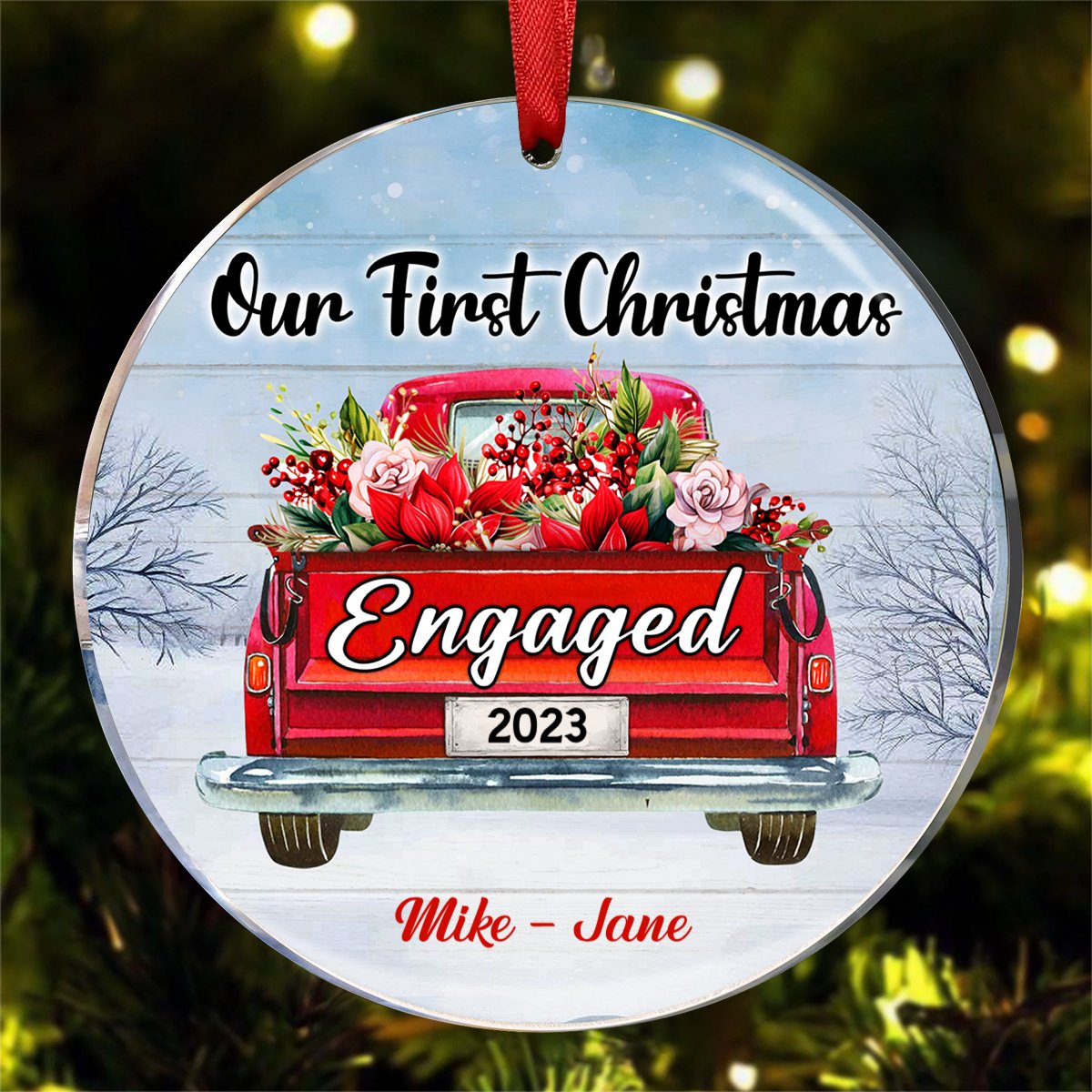 Couple - Red Truck Our First Christmas Engaged - Personalized Christmas Ornament - Makezbright Gifts