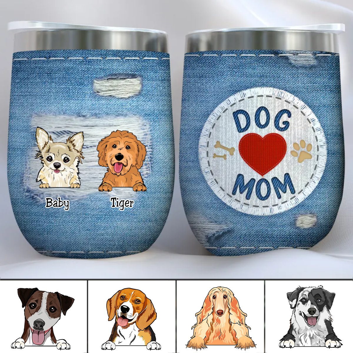 Dog Lovers - Dog Mom Jeans Texture - Personalized Wine Tumbler (VT) - Makezbright Gifts