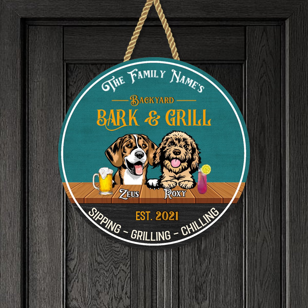 Dog Personalized Wood Sign for Backyard Bark & Grill - BLUE - Makezbright Gifts