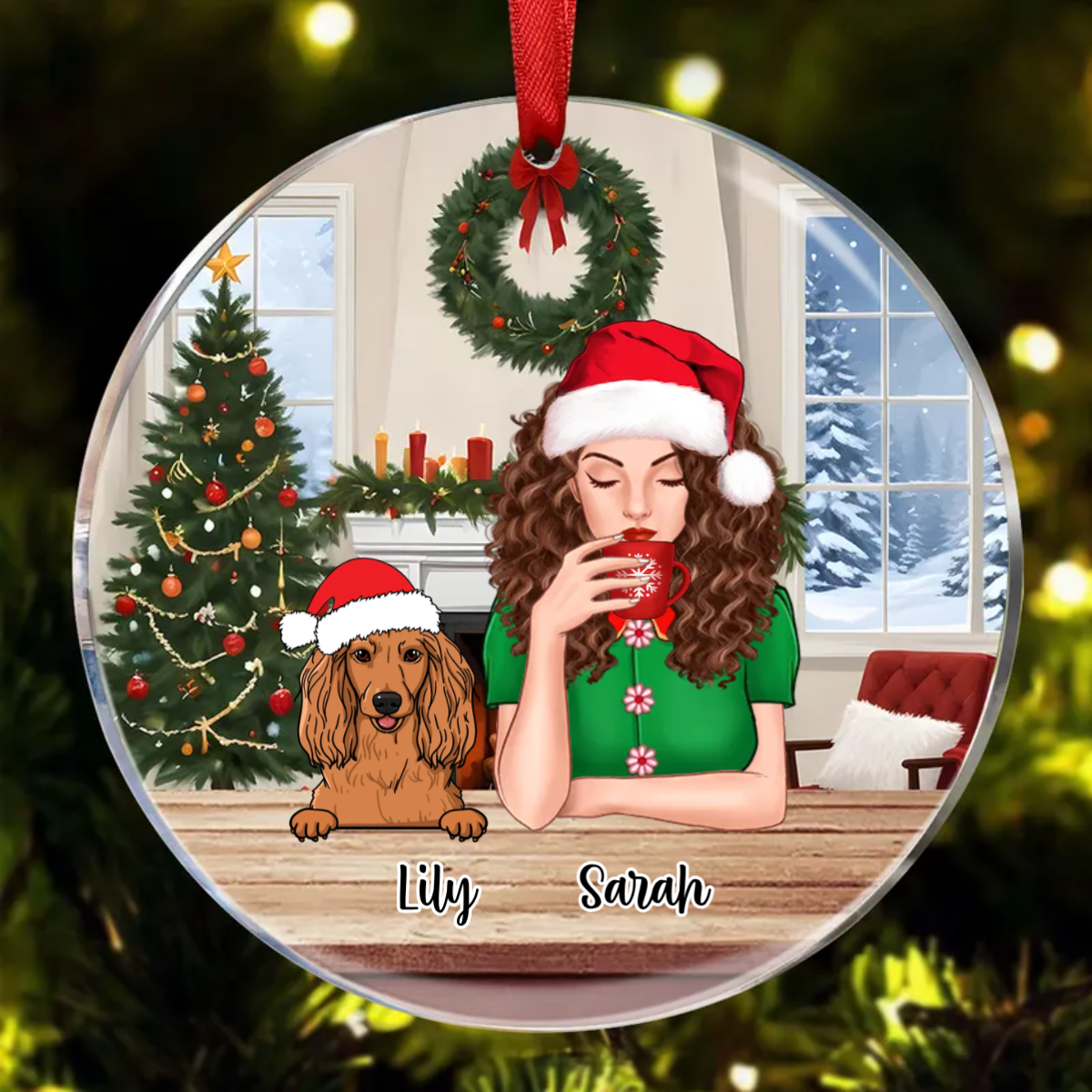 Dog Mom With Peeking Dogs Christmas Personalized Circle Ornament