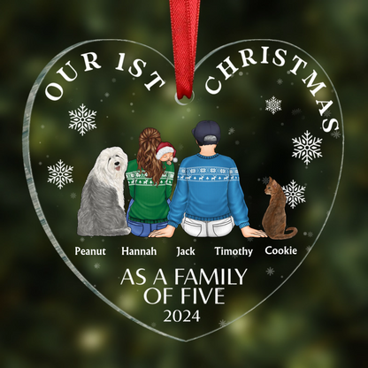 First Christmas As A Family Of Three New Parents - Personalized Heart Shaped Acrylic Ornament