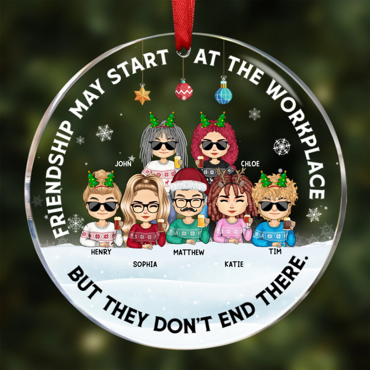 Friendships May Start At The Workplace Christmas Colleagues Chibi - Personalized Circle Acrylic Ornament