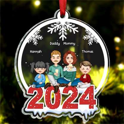 Family Sitting Together - Family Personalized Custom Ornament - Acrylic Snow Globe Shaped - Christmas Gift For Family Members