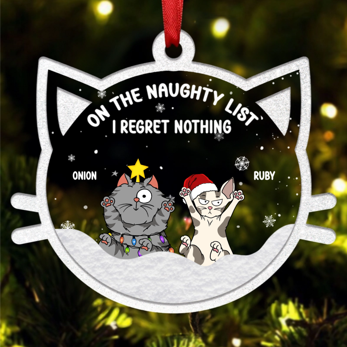 Christmas Cat On The Naughty List We Regret Nothing - Personalized Custom Shaped Acrylic Ornament