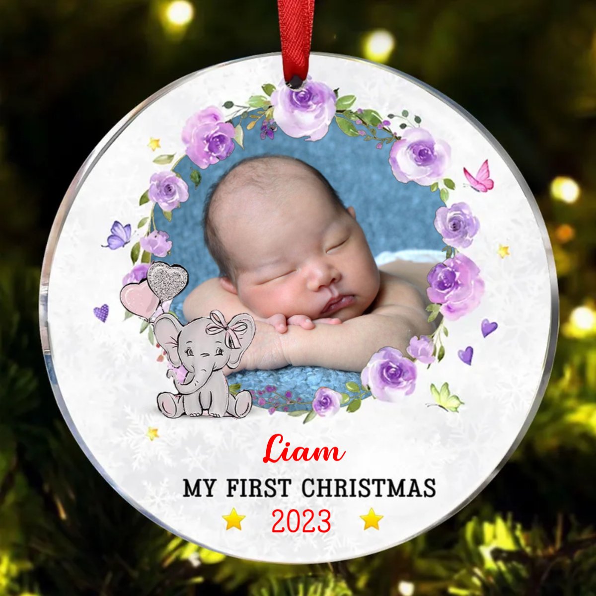 Family - Baby's First Christmas Elephant - Personalized Circle Ornament - Makezbright Gifts