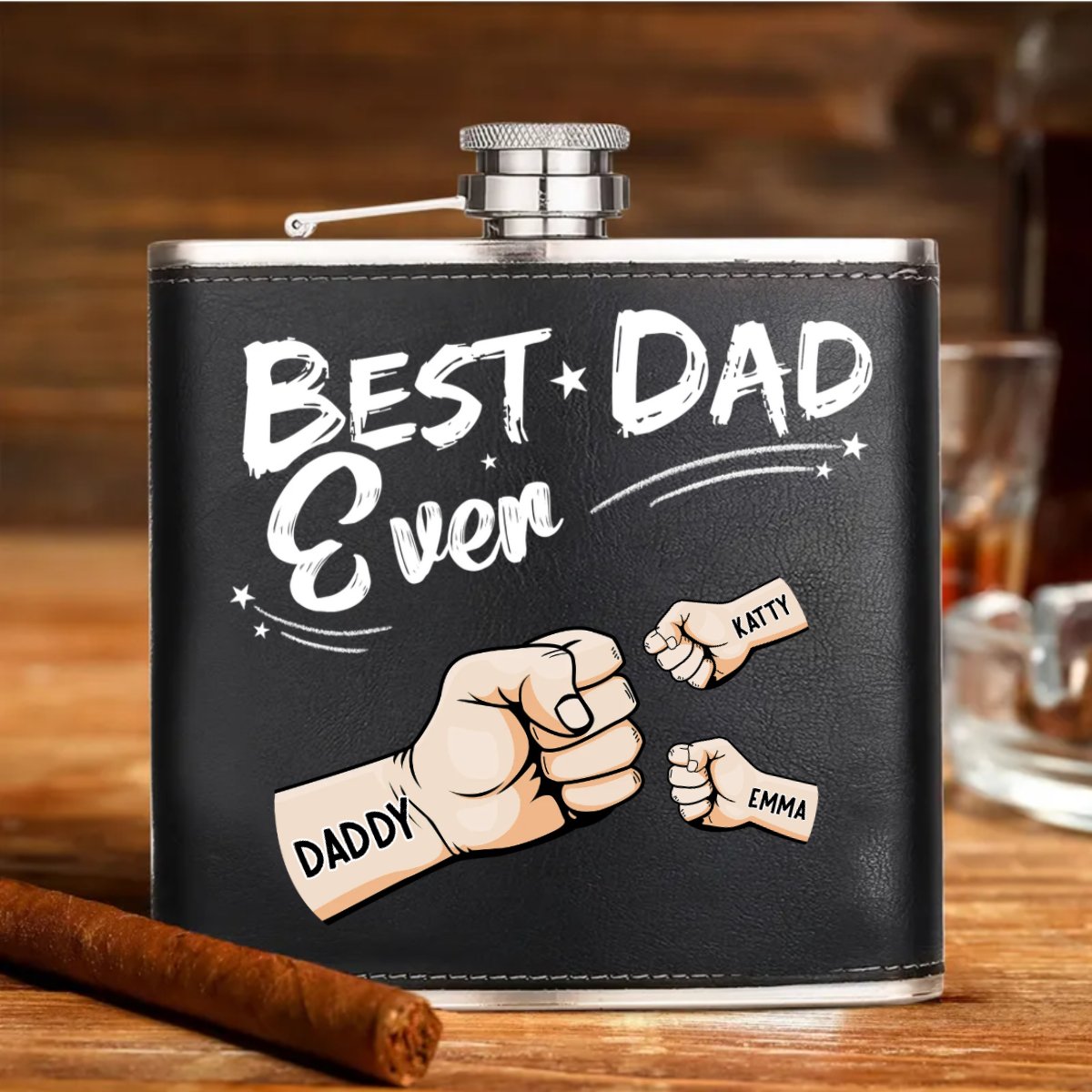 Family - Best Dad Ever - Personalized Leather Flask - Makezbright Gifts