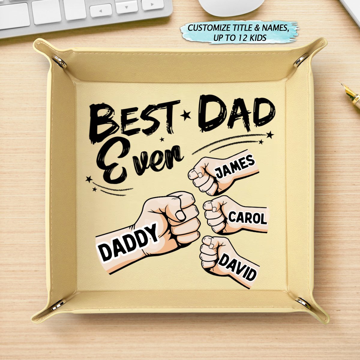 Family - Best Dad Grandpa Ever Fist Bump - Personalized Leather Valet Tray - Makezbright Gifts