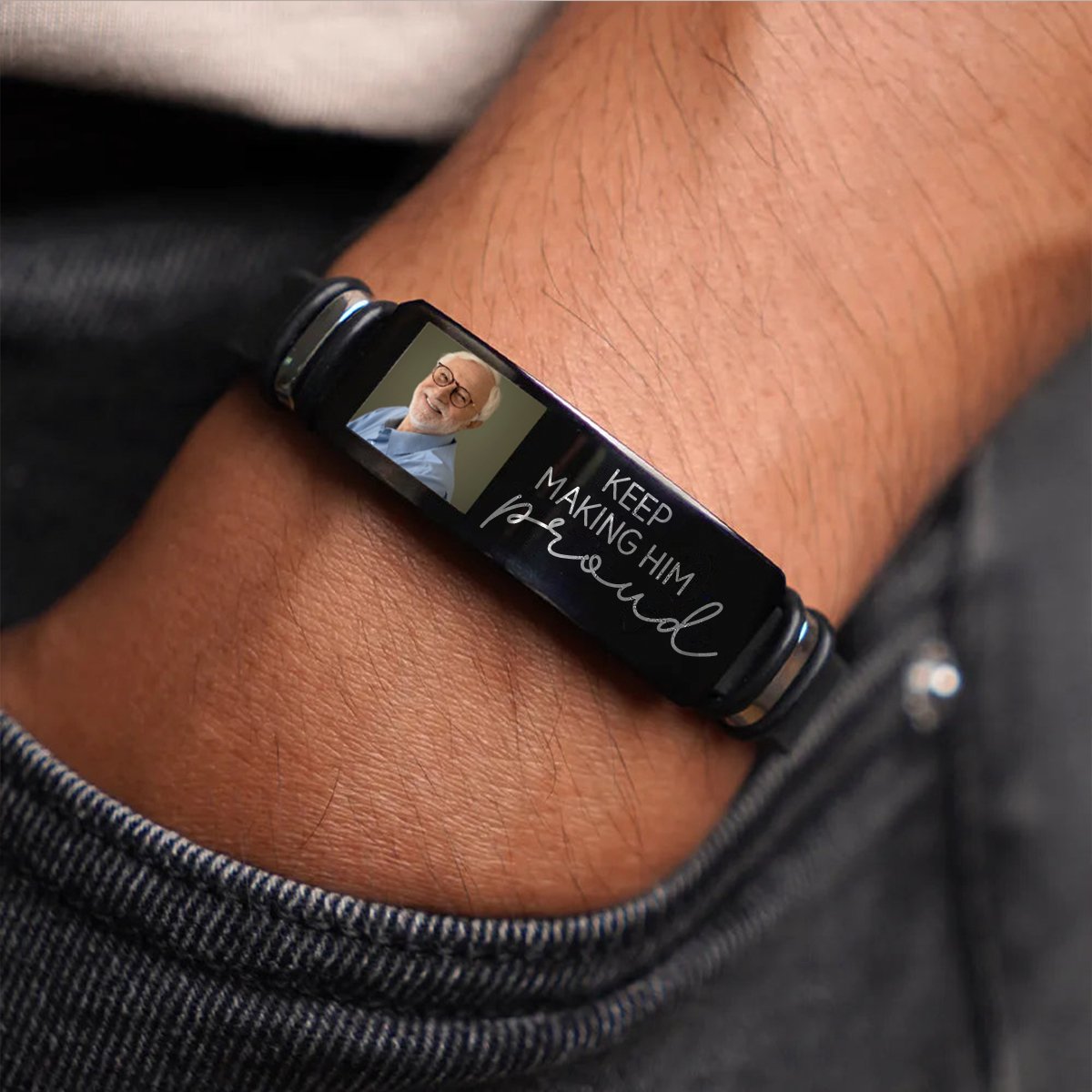 Family - Custom Photo Keep Making Her Proud - Personalized Engraved Bracelet - Makezbright Gifts