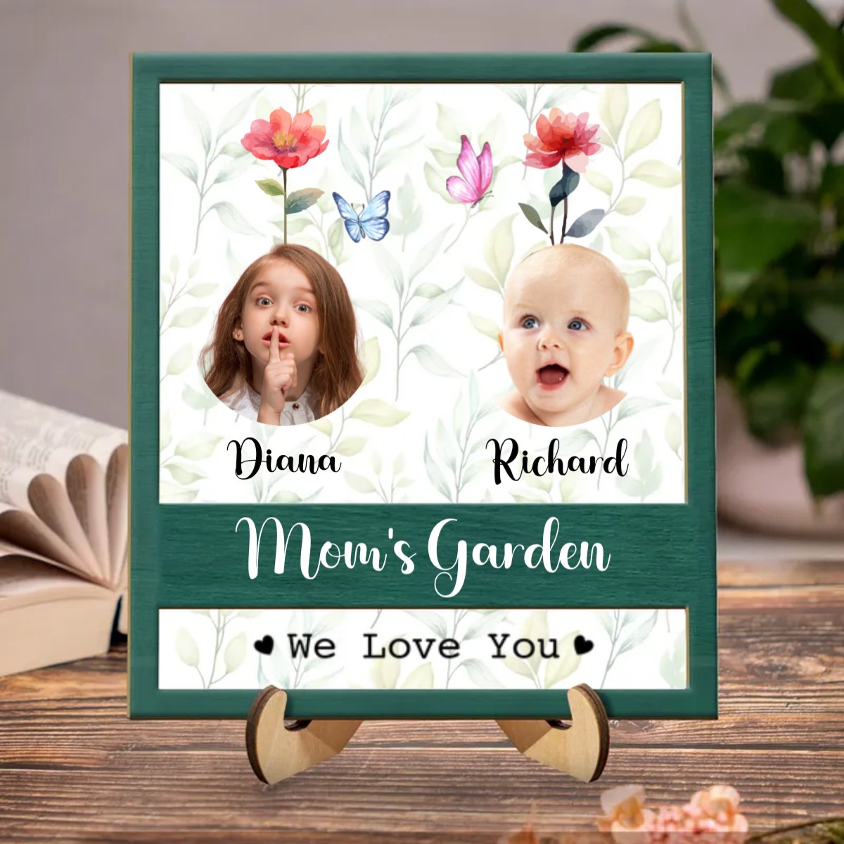 Family - Custom Photo Nana's Garden We Love You - Personalized 2 - Layered Wooden Plaque With Stand - Makezbright Gifts