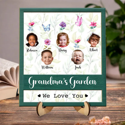 Family - Custom Photo Nana's Garden We Love You - Personalized 2 - Layered Wooden Plaque With Stand - Makezbright Gifts