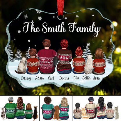 Family - Dad Mom Kids Dogs Cats Snow Background - Personalized Ornament - Makezbright Gifts