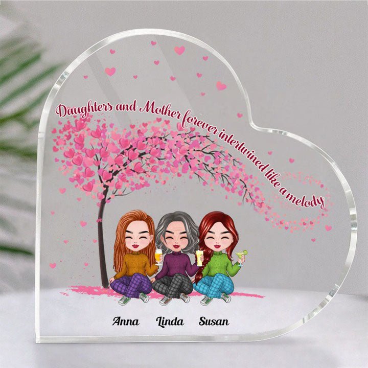 Family - Daughters And Mother, Forever Intertwined Like A Melody - Personalized Acrylic Plaque (HEART) - Makezbright Gifts