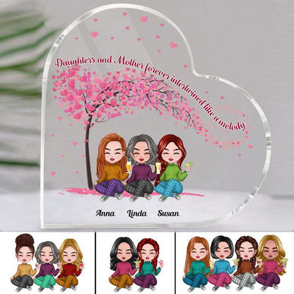 Family - Daughters And Mother, Forever Intertwined Like A Melody - Personalized Acrylic Plaque (HEART) - Makezbright Gifts