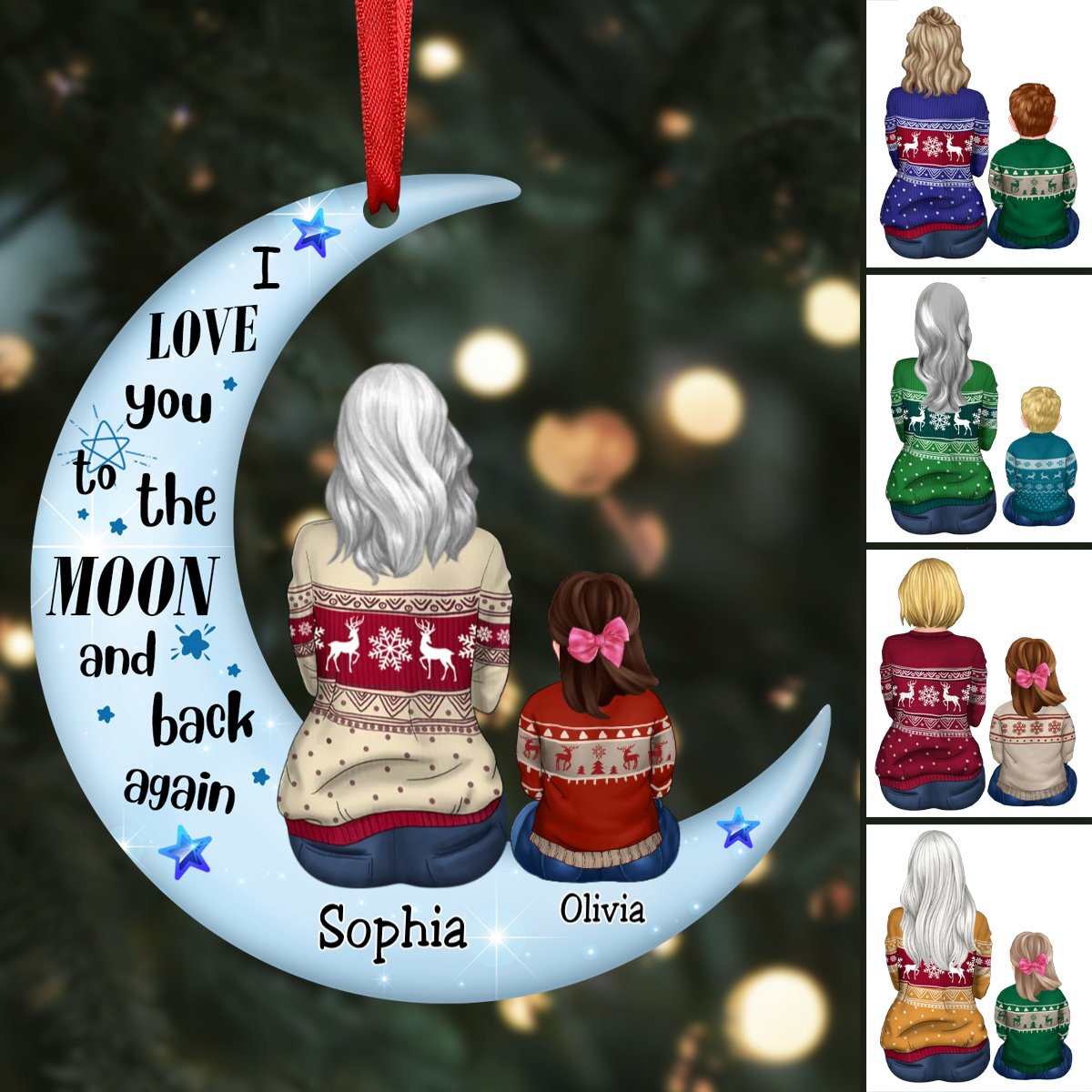 Family - Doll Grandma & Grandkid On Moon - Personalized Acrylic Circle Ornament - Makezbright Gifts