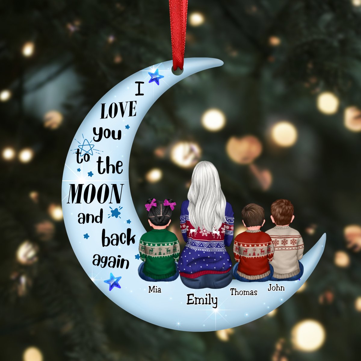 Family - Doll Grandma & Grandkid On Moon - Personalized Acrylic Circle Ornament - Makezbright Gifts