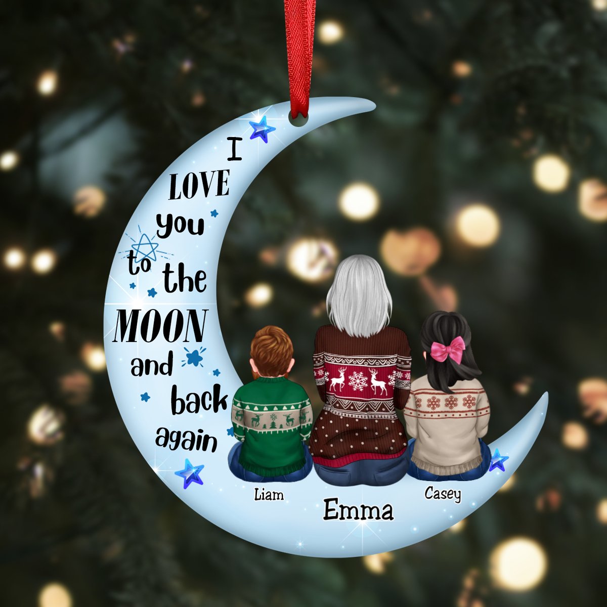 Family - Doll Grandma & Grandkid On Moon - Personalized Acrylic Circle Ornament - Makezbright Gifts