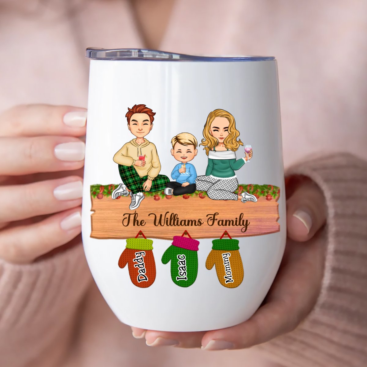 Family - Family Peeking Christmas Glove - Personalized Wine Tumbler - Makezbright Gifts