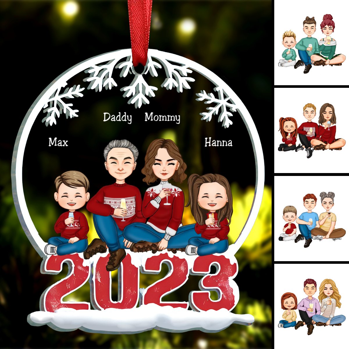 Family - Family Sitting Together - Personalized Circle Ornament (II) - Makezbright Gifts