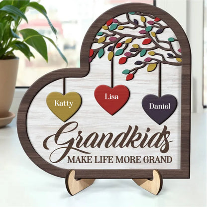 Family - Grandkids Make Life Grand - Personalized 2 - Layered Wooden Plaque With Stand - Makezbright Gifts