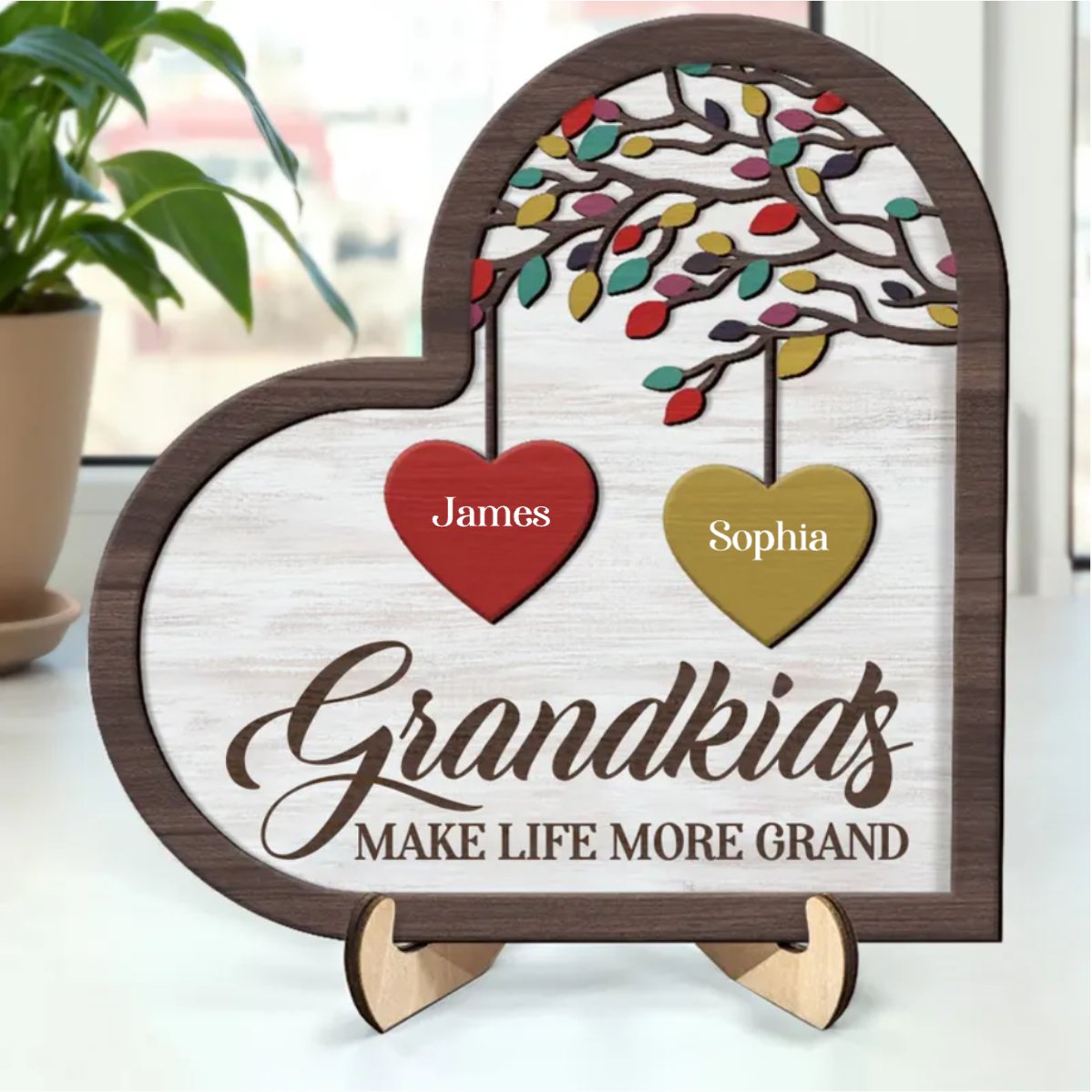 Family - Grandkids Make Life Grand - Personalized 2 - Layered Wooden Plaque With Stand - Makezbright Gifts