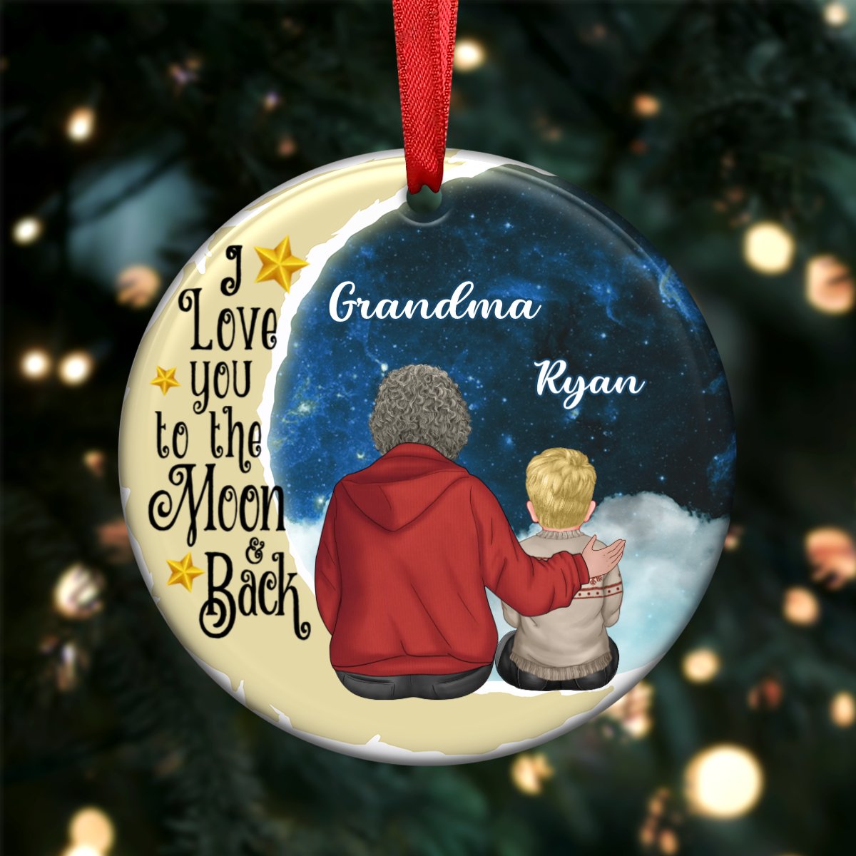 Family - Grandma Grandkids On Moon - Personalized Circle Ornament - Makezbright Gifts