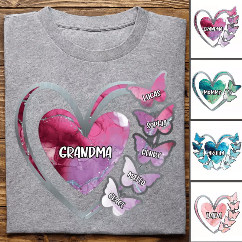 Family - Grandma, Mom Heart Butterfly Kids V2 - Personalized Unisex T - Shirt - Makezbright Gifts