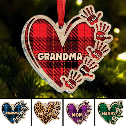 Family - Grandma Mom Heart Hand Print - Personalized Ornament - Makezbright Gifts