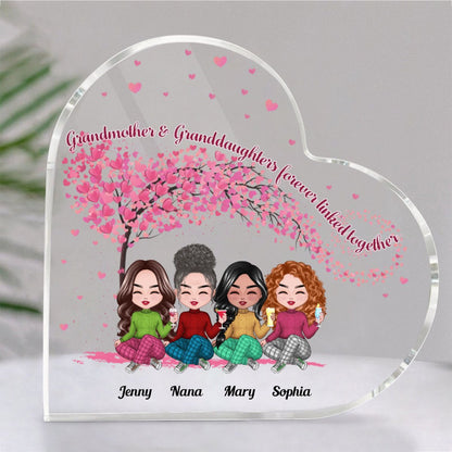 Family - Grandmother & Granddaughters Forever Linked Together - Personalized Acrylic Plaque (HEART) - Makezbright Gifts