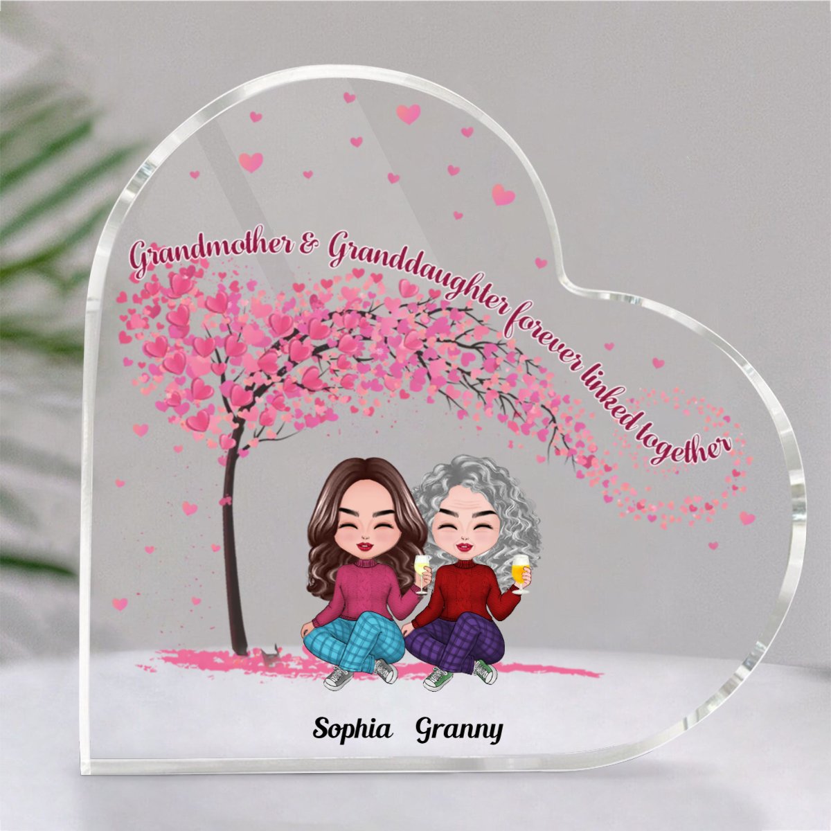 Family - Grandmother & Granddaughters Forever Linked Together - Personalized Acrylic Plaque (HEART) - Makezbright Gifts