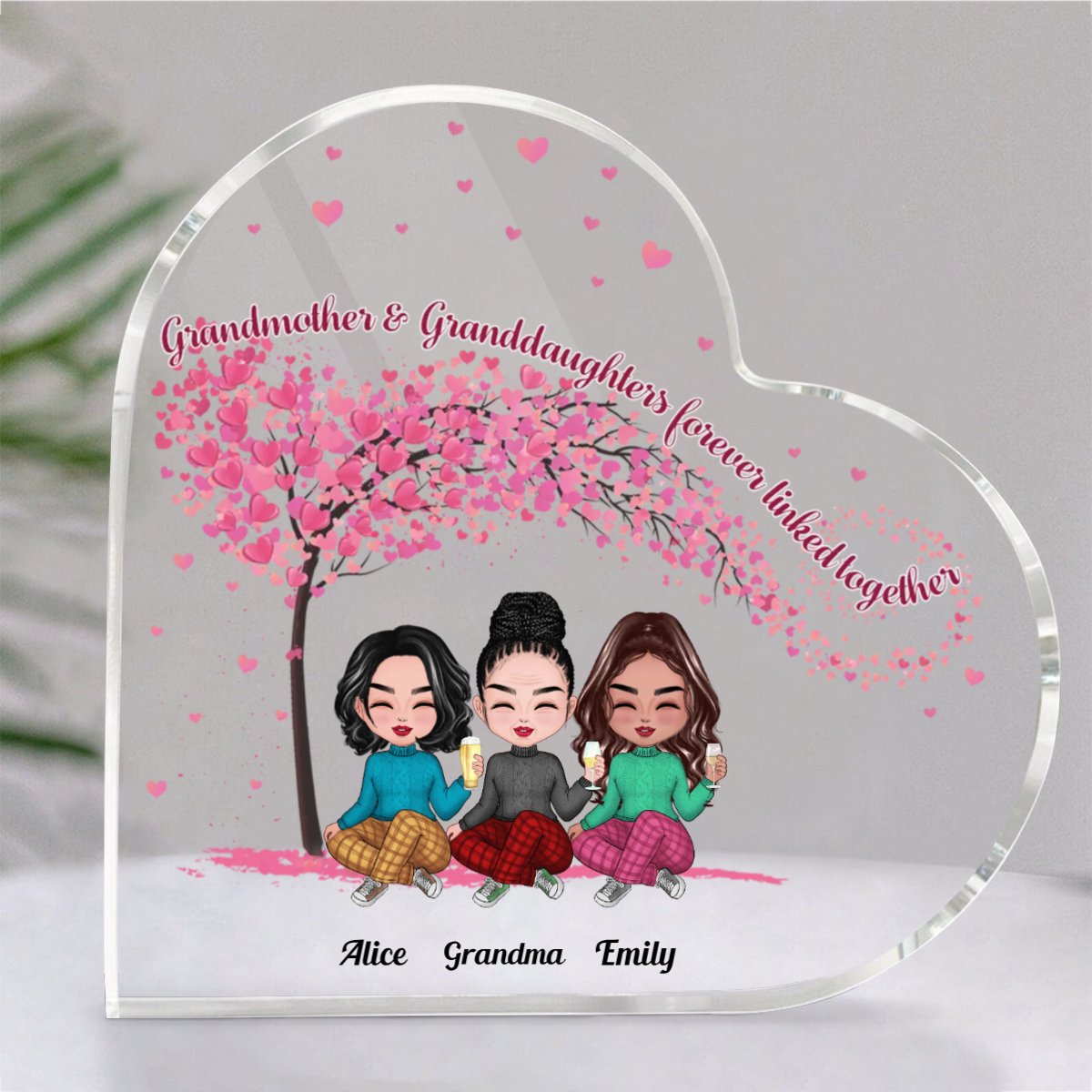 Family - Grandmother & Granddaughters Forever Linked Together - Personalized Acrylic Plaque (HEART) - Makezbright Gifts