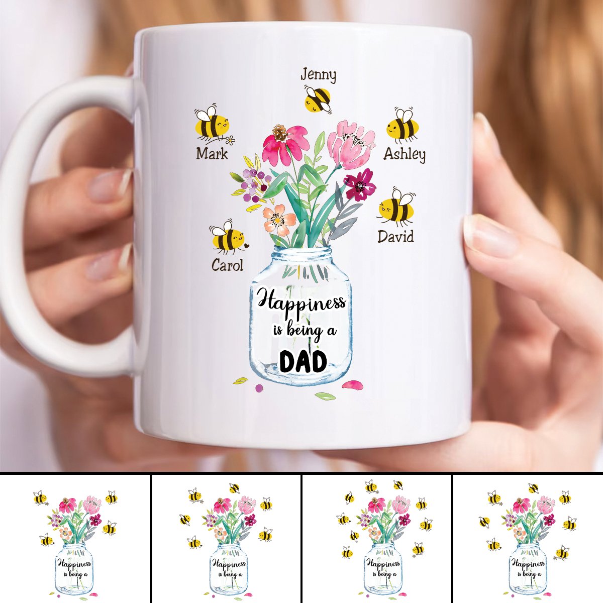 Family - Happiness Is Being A Dad Bee Kids - Personalized Mug - Makezbright Gifts