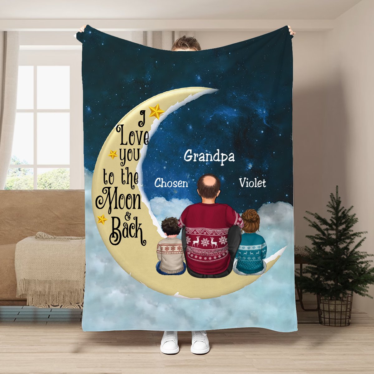 Family - I Love You To The Moon And Back - Personalized Blanket - Makezbright Gifts